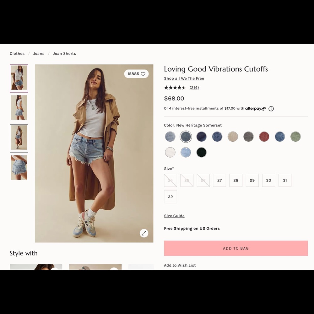 Free people living good vibration shorts size 24 denim